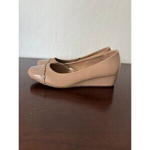 New Anne Klein 7 Nude Patent Chain Low Block Heel Pumps Chic Office Preppy Work